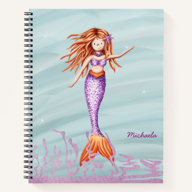 Niedlich Orange Lila Mermaid Illustration Notizbuch (Vorderseite)