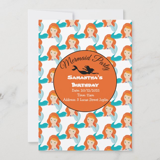 Niedlich Orange Mermaid Party Rosa Einladung (Vorderseite)