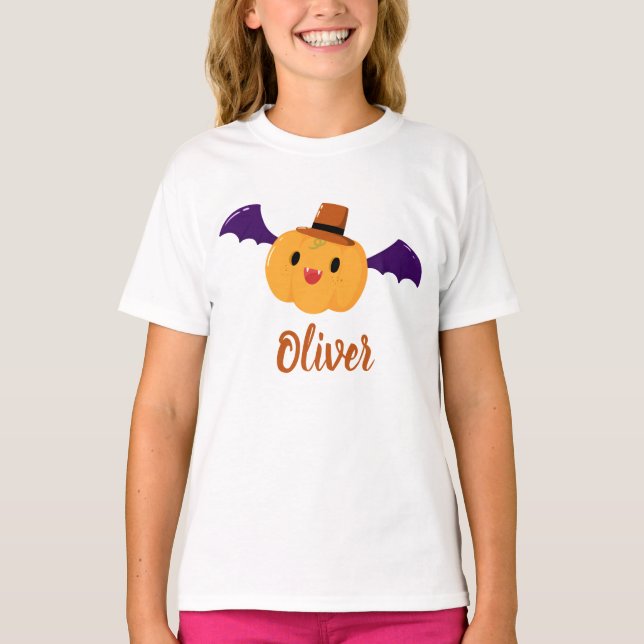 Niedlich Orange Pumpkin Individuelle Name Hallowee T-Shirt (Vorderseite)