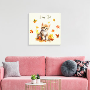 Niedlich Orange Tabby Kitten in Herbstlauben Leinwanddruck