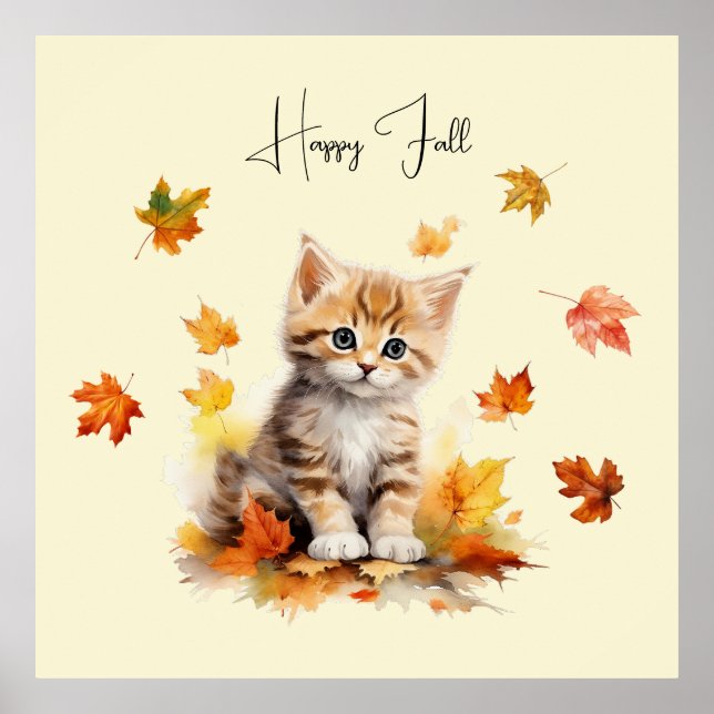 Niedlich Orange Tabby Kitten in Herbstlauben Poster (Vorne)