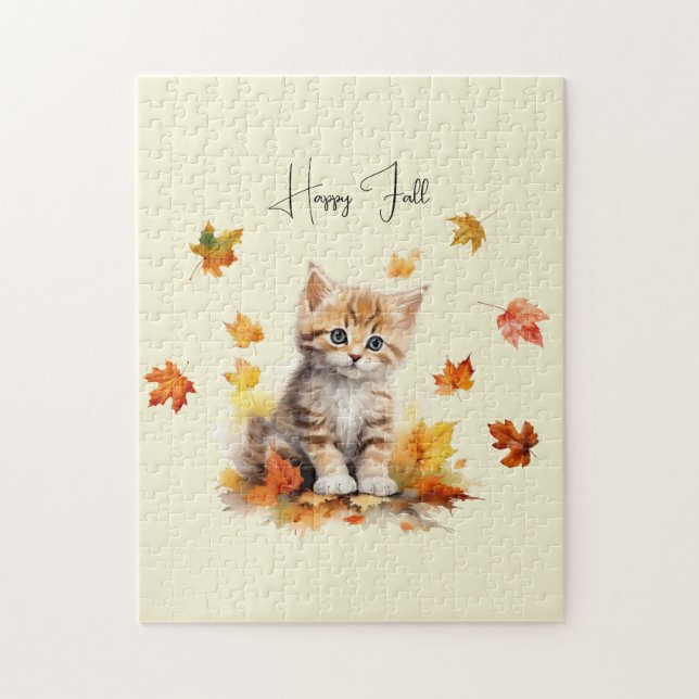 Niedlich Orange Tabby Kitten in Herbstlauben Puzzle (Vertikal)