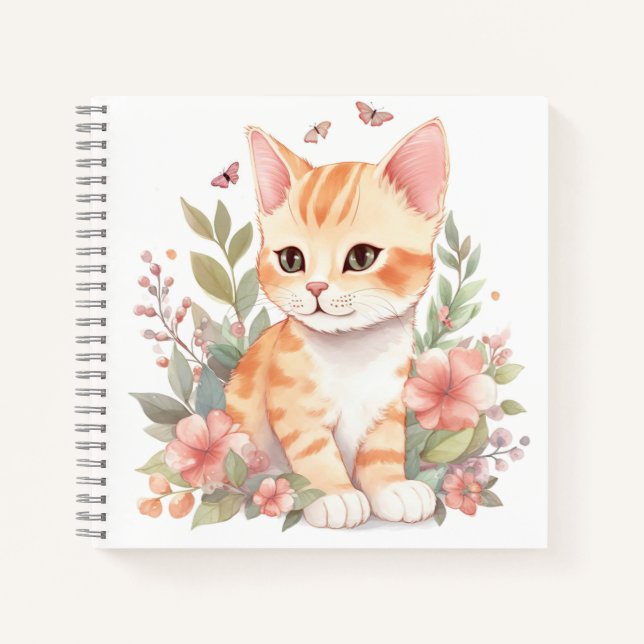 Niedlich Orange Tabby Kitten mit Frühlingsblumen Notizbuch (Vorderseite)