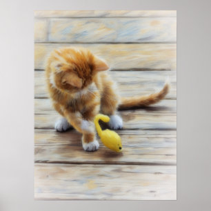 Niedlich Orange Tabby Kitten Mouse Play Art Poster