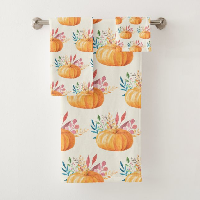 Niedlich Orange Watercolor Pumpkin Pattern Badhandtuch Set (Insitu)