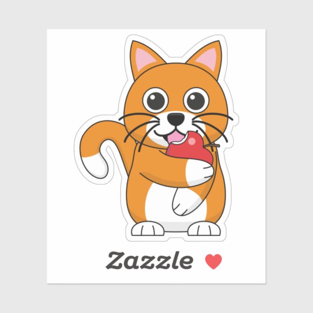 Niedlich Orange White Cat Eating Red Apple Cartoon Aufkleber (Blatt)