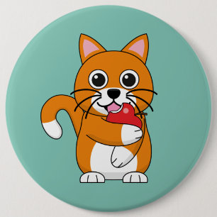 Niedlich Orange White Cat Eating Red Apple Cartoon Button