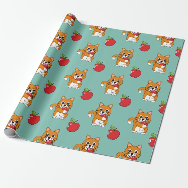 Niedlich Orange White Cat Eating Red Apple Cartoon Geschenkpapier (Ungerollt)