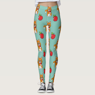 Niedlich Orange White Cat Eating Red Apple Cartoon Leggings