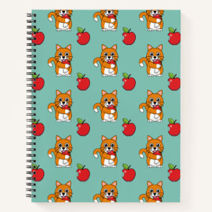 Niedlich Orange White Cat Eating Red Apple Cartoon Notizbuch