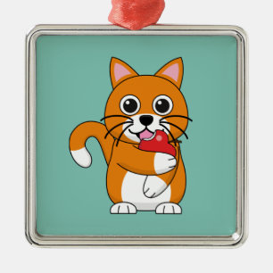 Niedlich Orange White Cat Eating Red Apple Cartoon Ornament Aus Metall