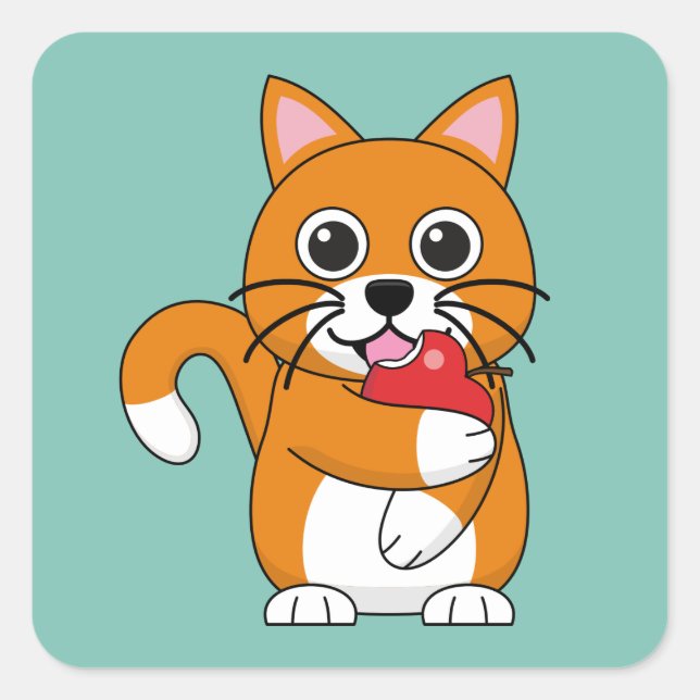 Niedlich Orange White Cat Eating Red Apple Cartoon Quadratischer Aufkleber (Vorderseite)