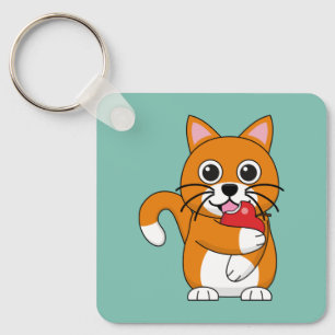 Niedlich Orange White Cat Eating Red Apple Cartoon Schlüsselanhänger