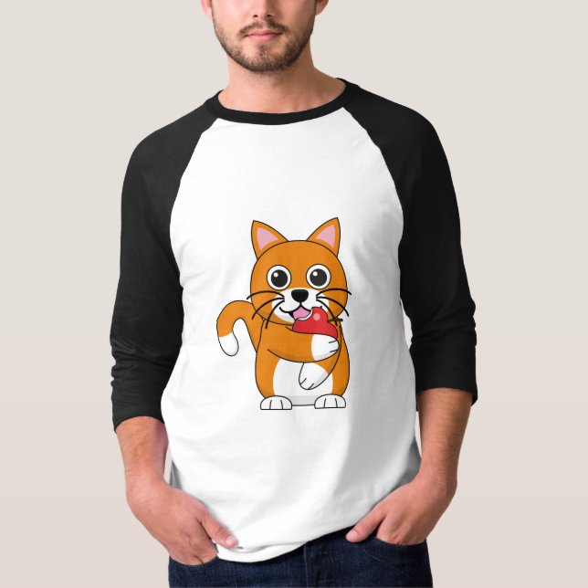 Niedlich Orange White Cat Eating Red Apple Cartoon T-Shirt (Vorderseite)