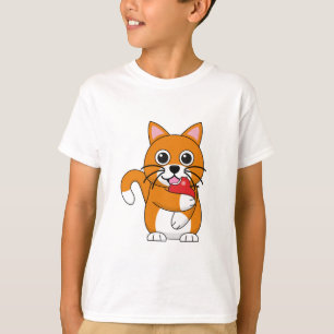 Niedlich Orange White Cat Eating Red Apple Cartoon T-Shirt