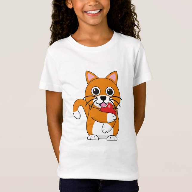 Niedlich Orange White Cat Eating Red Apple Cartoon T-Shirt (Vorderseite)