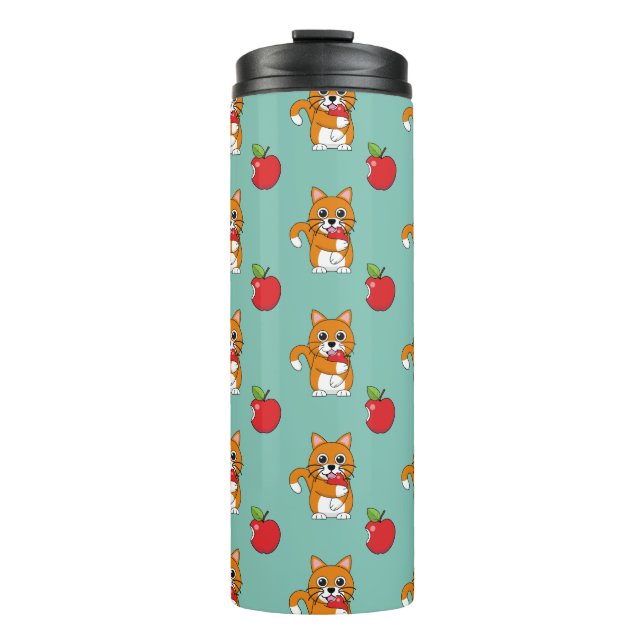 Niedlich Orange White Cat Eating Red Apple Cartoon Thermosbecher (Vorderseite)