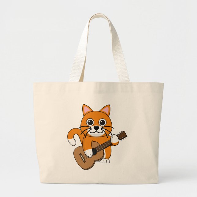 Niedlich Orange White Cat Gitarre spielen Cartoon Jumbo Stoffbeutel (Vorne)