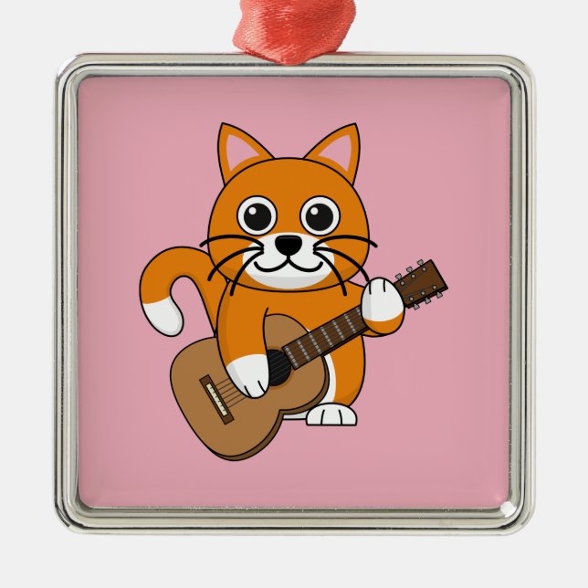 Niedlich Orange White Cat Gitarre spielen Cartoon Ornament Aus Metall (Vorne)