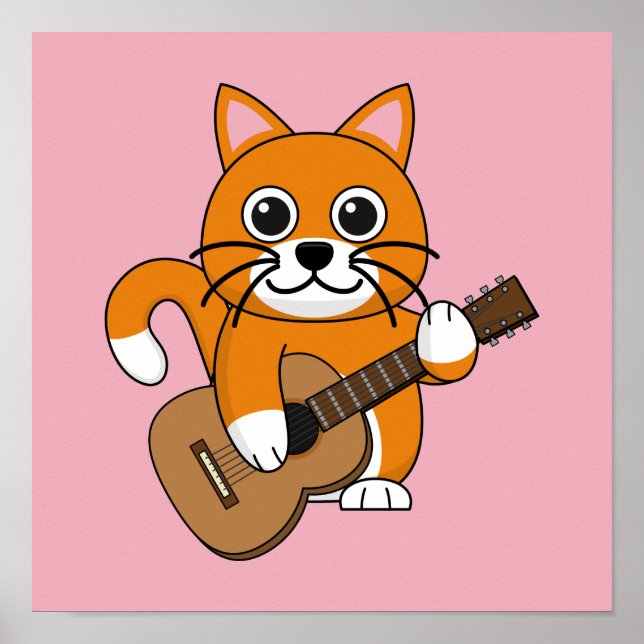 Niedlich Orange White Cat Gitarre spielen Cartoon Poster (Vorne)