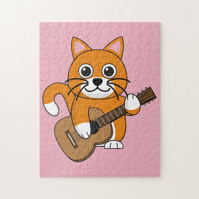 Niedlich Orange White Cat Gitarre spielen Cartoon Puzzle (Vertikal)