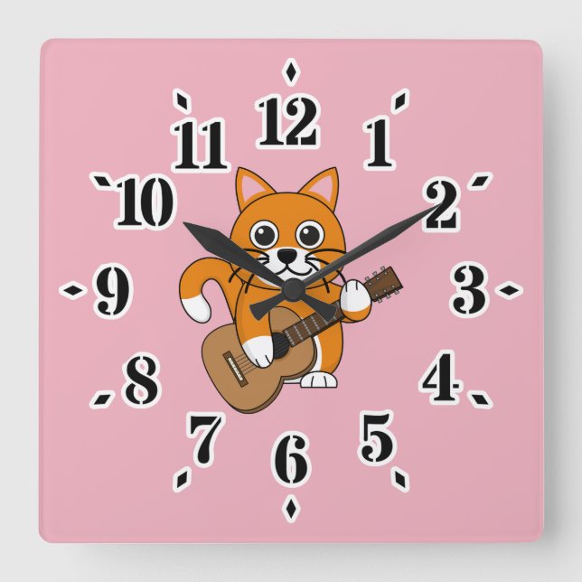 Niedlich Orange White Cat Gitarre spielen Cartoon Quadratische Wanduhr (Vorderseite)