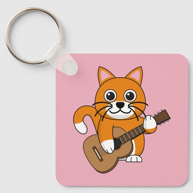 Niedlich Orange White Cat Gitarre spielen Cartoon Schlüsselanhänger (Vorderseite)