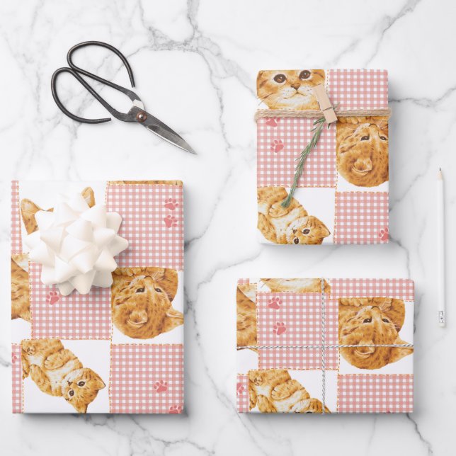 niedlich orangefarbene Katze kariertes Patchwork r Geschenkpapier Set (Vorderseite)