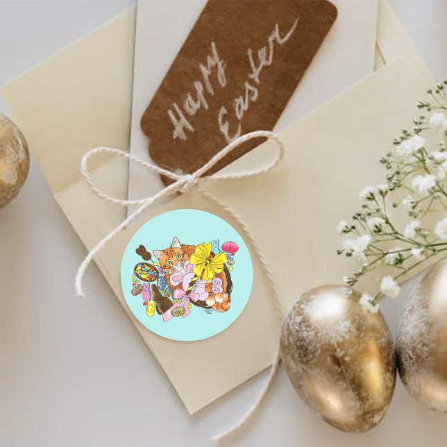 Niedlich Orangefarbene Osterkatze Runder Aufkleber (Von Creator hochgeladen)