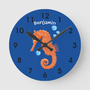 Niedlich orangefarbene Seepferd-Blasen Cartoon-Abb Runde Wanduhr