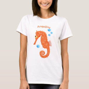 Niedlich orangefarbene Seepferd-Blasen Cartoon-Abb T-Shirt