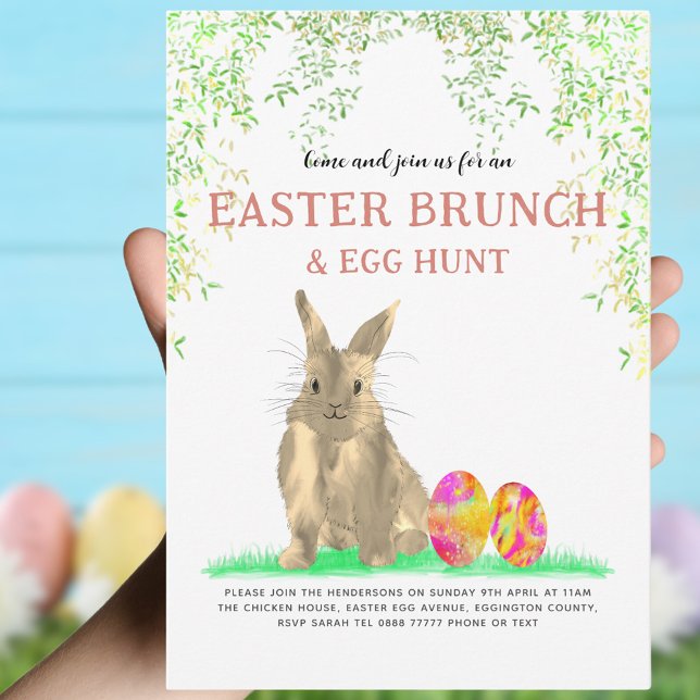 Niedlich Ostergeblasene Eizelljagd und Brunch Einladung (Easter brunch and egg hunt cute bunny and colorful eggs invitation)