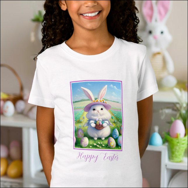Niedlich Osterhase 01 T-Shirt (beautiful customizable T-shirt with a fluffy white Easter Bunny holding an Easter eggs basket)
