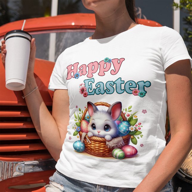 Niedlich Osterhase im Korb mit Eiern und Blume T-Shirt (Cute Easter Bunny in Basket with Eggs and Flowers. Women Basic White T-Shirt)