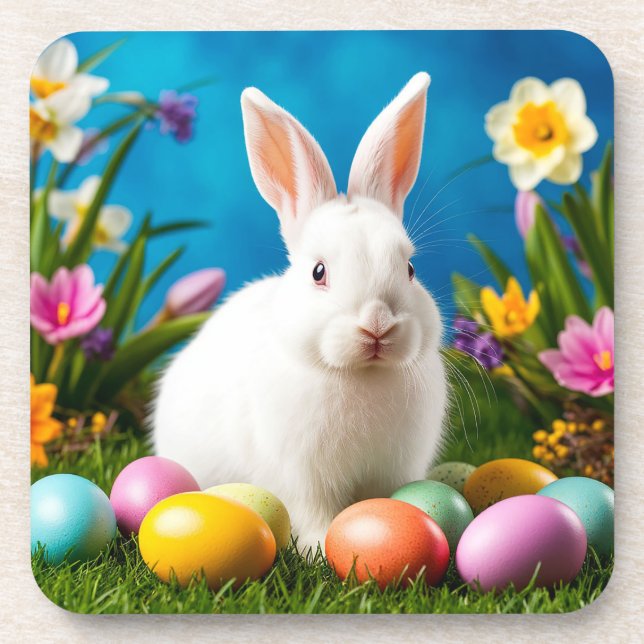 Niedlich Osterhase mit bunten Eiern Getränkeuntersetzer (Vorderseite)