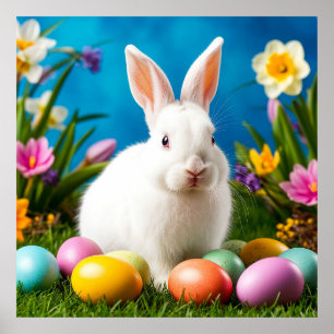 Niedlich Osterhase mit bunten Eiern Poster