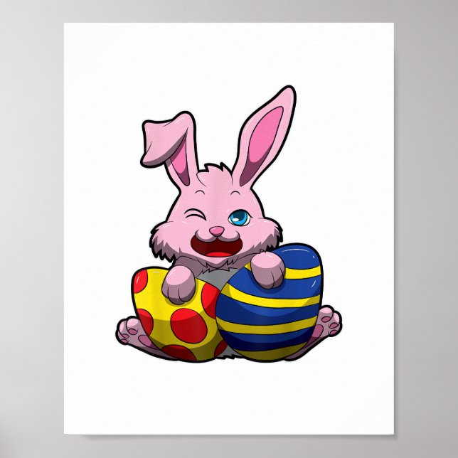 Niedlich Osterhase mit farbigen Eiern - Happy Oste Poster (Vorne)