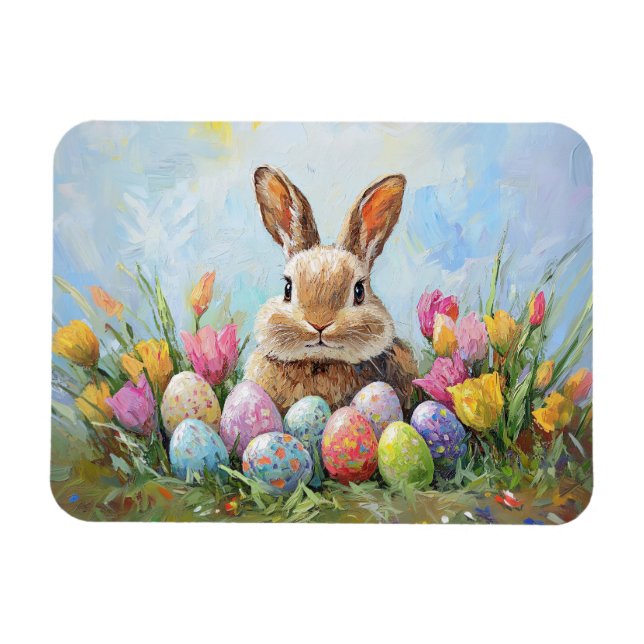 Niedlich Osterhase mit farbigen Eiern Magnet (Horizontal)