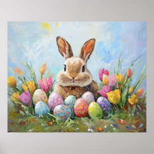 Niedlich Osterhase mit farbigen Eiern Poster