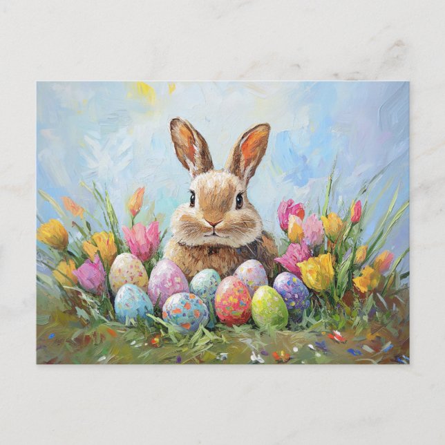 Niedlich Osterhase mit farbigen Eiern Postkarte (Vorderseite)