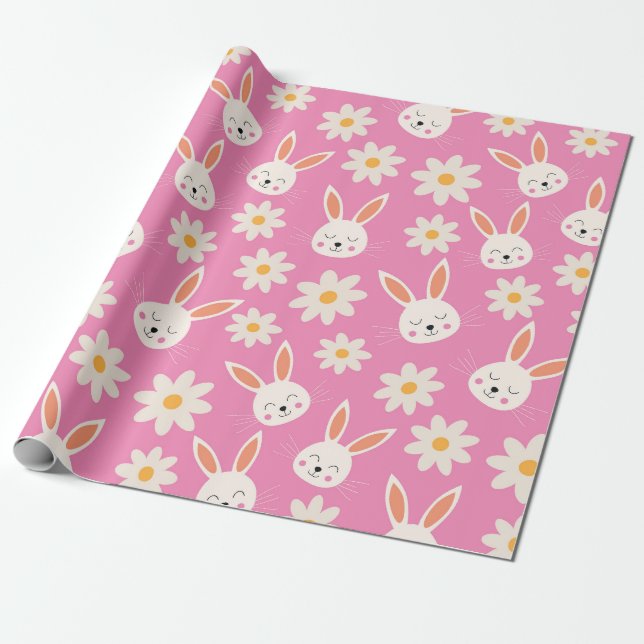 Niedlich Osterhase Muster mit Blume auf Rosa Geschenkpapier (Ungerollt)