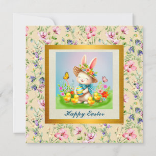 Niedlich Osterhase und glückliche Frühlingsblumen Einladung