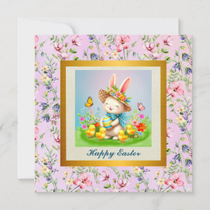 Niedlich Osterhase und glückliche Frühlingsblumen Einladung