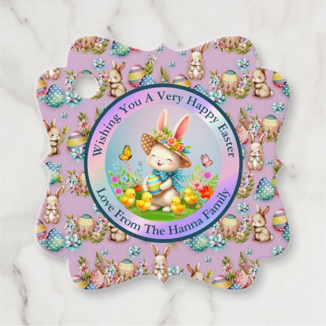 Niedlich Osterhase und glückliche Frühlingsblumen  Geschenkanhänger (Vorderseite)