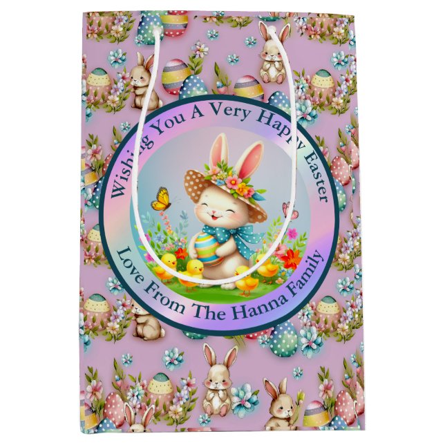 Niedlich Osterhase und glückliche Frühlingsblumen  Mittlere Geschenktüte (Vorderseite)