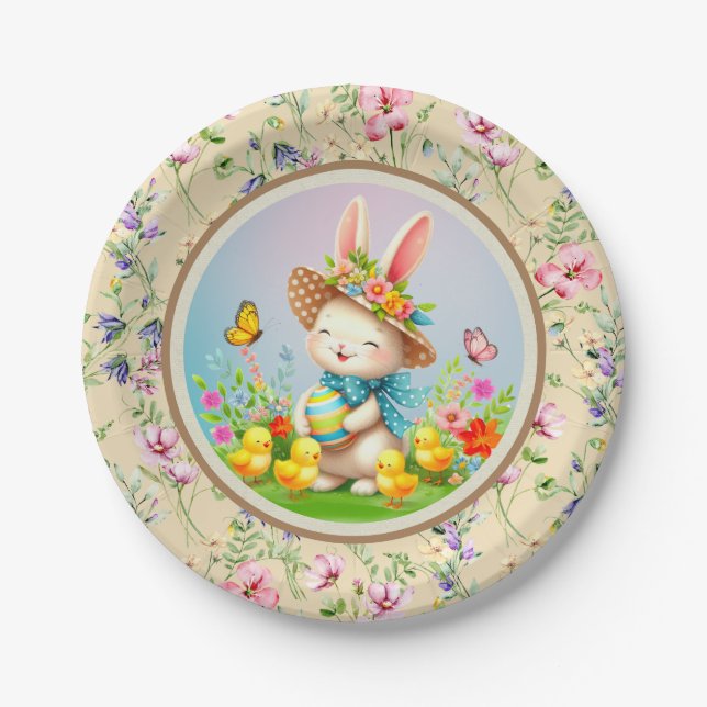 Niedlich Osterhase und glückliche Frühlingsblumen  Pappteller (Vorderseite)