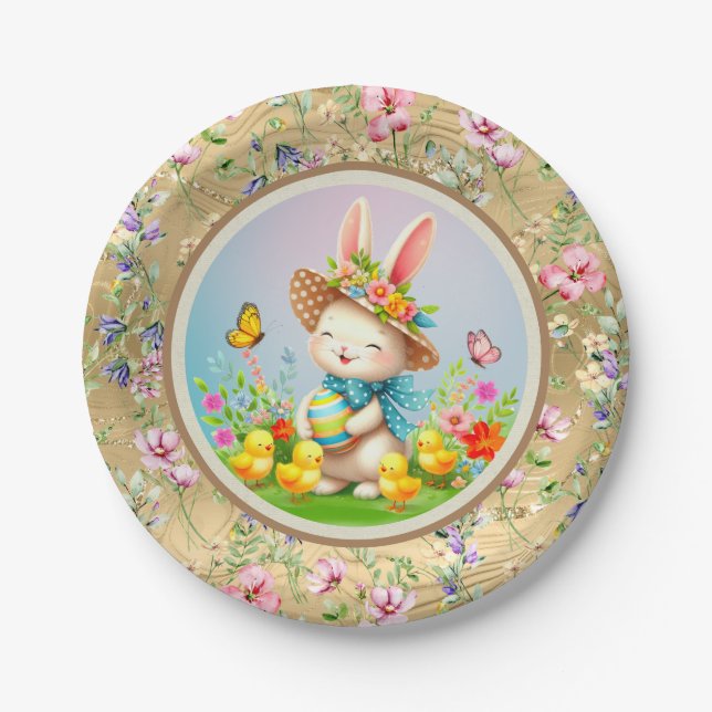 Niedlich Osterhase und glückliche Frühlingsblumen  Pappteller (Vorderseite)