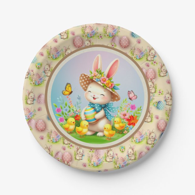 Niedlich Osterhase und glückliche Frühlingsblumen  Pappteller (Vorderseite)