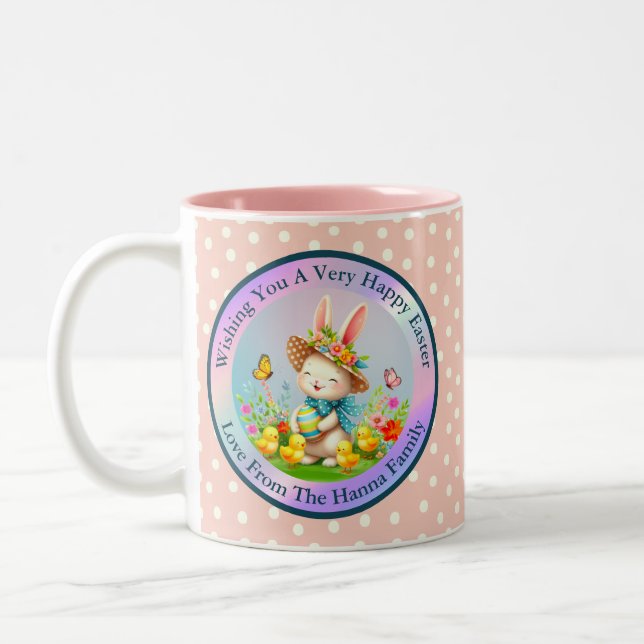 Niedlich Osterhase und glückliche Frühlingsblumen  Zweifarbige Tasse (Links)