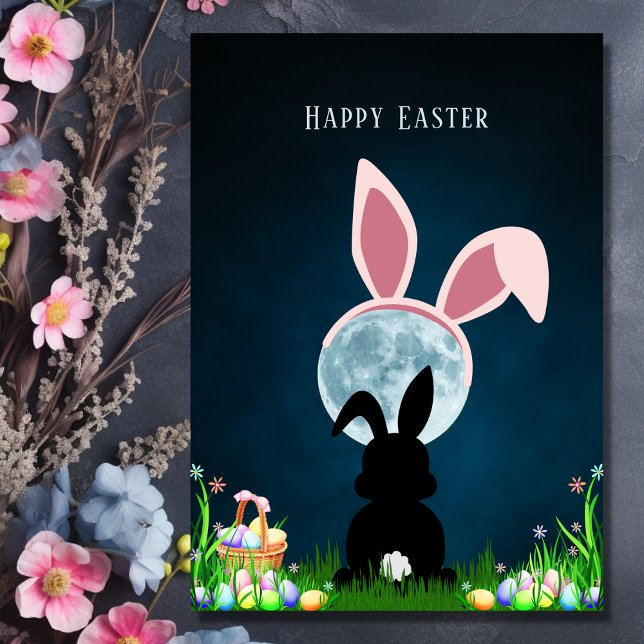 Niedlich Osterhase und Vollmond Ostern Karte (Front - Cute Easter Bunny and Full Moon Happy Easter Card)